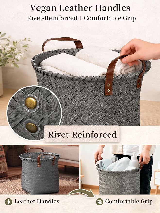 Wicker Storage Baskets, 4 Pack Woven Baskets for Shelves, Grey | PP Rattan, Water-resistant Wicker Basket, Large Baskets with Faux Leather Handles for Blanket, Laundry Organizer, Room Decor - Image 5