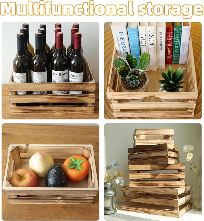 Set of 4 Large Torched Wood Decorative Storage Crates, Nesting Wooden Crates for Display Rustic, Farmhouse Wooden Storage Container Boxes Made from 100% Wood - Image 5