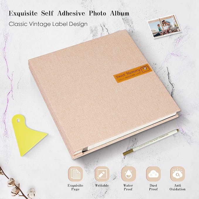 Spbapr Large Photo Album, DIY Scrapbook for 4x6, 5x7, 8x10 Pictures, 60 Pages, Khaki Color, Linen Cover, with Scraping Plate - Image 4