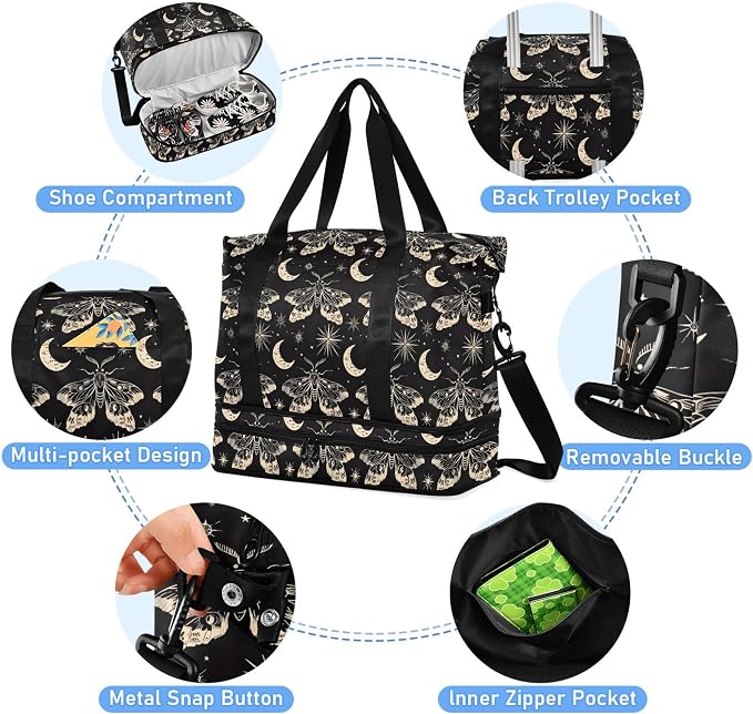 Travel Duffel Tote Bag Butterfly and Moon Skull Sports Duffel Bag with Wet Pocket Weekender Overnight Bag for Women Men Gym Bag, Carry On Bag Hospital Bag for Labor and Delivery - Image 2