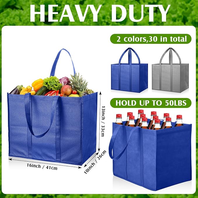 Hillban 30 Pack Large Reusable Shopping Bags Bulk | Heavy Duty Foldable Grocery Bags 16 x 13 x 10 Inch, Washable Portable Storage Totes with Reinforced Handles - Image 4
