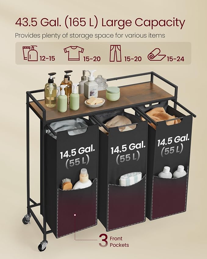 VASAGLE Laundry Sorter, 43.5 Gal. (165 L) Laundry Hamper Basket with 3 Compartments, Rolling Cart with Wheels, Shelf, Removable Bags, Pockets, Ink Black and Rustic Brown UBLH031B01 - Image 3