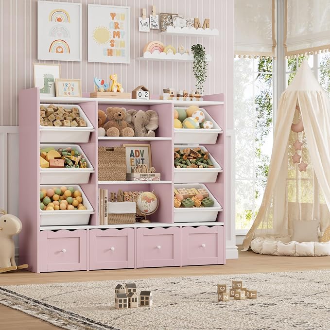 HITHOS 55" W Kids Toy Storage Organizer with 10 Toy Box & Book Shelf, Pink | Large Toy Organizers and Storage with Kids Bookshelf & 6 Plastic Toy Chests & 4 Movable Drawers for Kids Room, Playroom by HITHOS