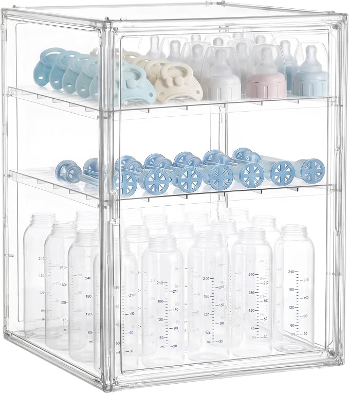 HBlife Baby Bottle Storage Organizer for Countertop Cabinet, 3 Tiers Adjustable Clear Acrylic Bottles Storage Station Case Box Container with 2 Removable Dividers and Magnetic Door, XXL by HBlife