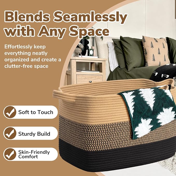 Goodpick 105L Extra Large Woven Rope Blanket Basket, Rectangle, Black Jute | 25'' x 16'' x 16'' Storage Basket for Blankets, Pillows & Toys, Living Room & Bedroom Organization, Reinforced Handles - Image 5