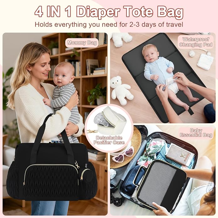 Diaper Tote Bag for Baby 6PCS, Large Mom Hospital Bags with Changing Pad | Mommy Bags for Labor and Delivery, Baby Shower Girl Boy Gift, Mama Bag with Pacifier Case Storage Bag and Shoulder Strap - Image 3
