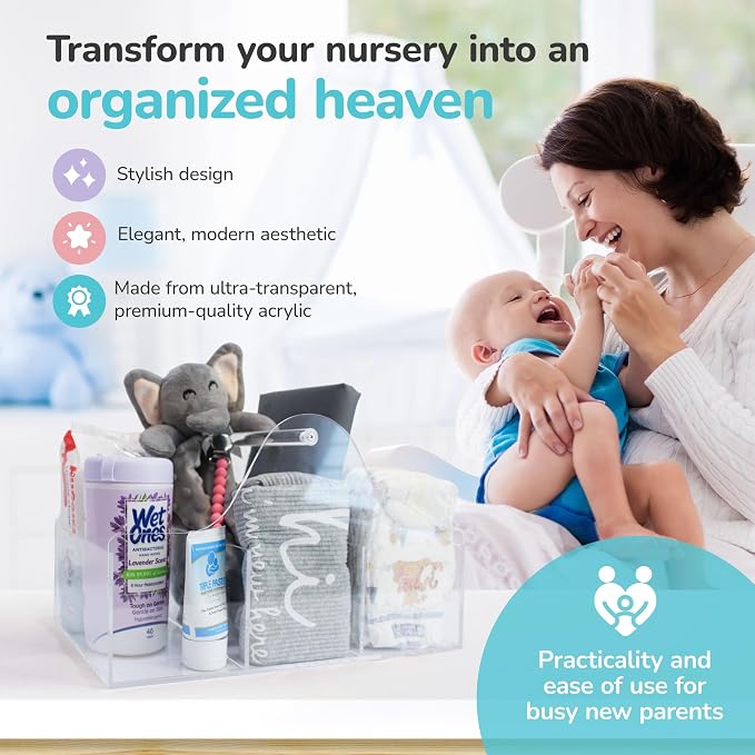 Acrylic Diaper Caddy Organizer - Stylish Portable Nursery Storage Basket with Handle & 3 Spacious Compartments - Perfect for Diapers, Wipes, Creams - Baby Shower & Nursery Must Haves - Image 2