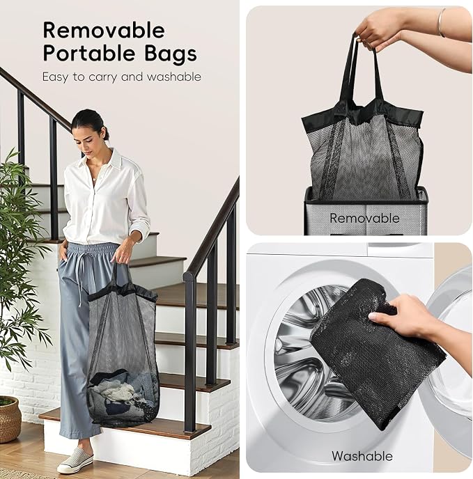 100L Laundry Hamper with Lid, Large Clothes Hampers with Removable Bag, Collapsible Laundry Basket for Bathroom, Bedroom, Laundry Room, Dorm, Grey - Image 5