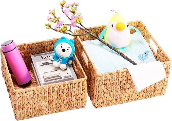 HOONEX Water Hyacinth Storage Baskets for Organizing, Decorative Wicker Baskets with Carrying Handles, Set of 2, Natural - Image 3