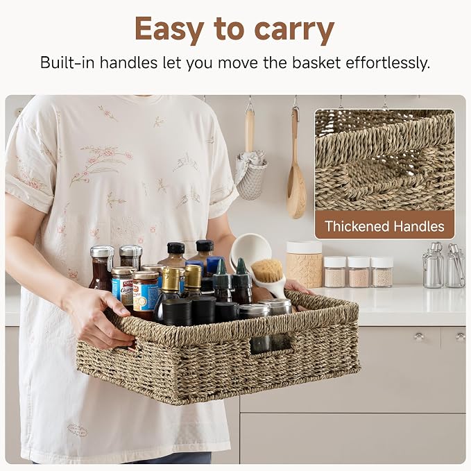 StorageWorks Pantry Baskets, Wicker Storage Baskets, Shallow Basket, 1-Pack | Seagrass Baskets, Wicker Storage Baskets for Organizing, Pantry Organizers and Storage, Woven Baskets, 15¼"L x 11¾"W x 4 ¾"H - Image 3