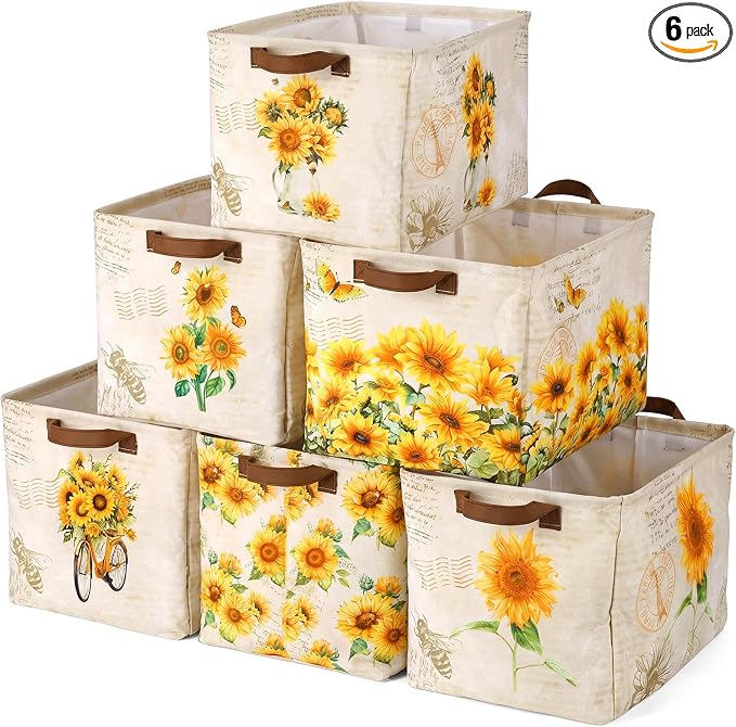 Fourluoo 6 Pack Sunflower Storage Basket with Handles Sunflower Clothes Storage Basket Bin Foldable Box Bins Organizer for Closet Shelf Nursery Kid Room Book Toy Chest by Fourluoo