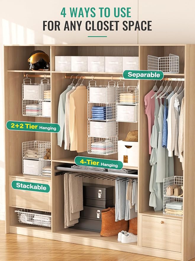 Hanging Closet Organizer with Drawers, 4 Tier Metal Closet Organizers and Storage with 4 Hanging Hooks 4 S-Hooks for Wardrobe Laundry Room, Wire Storage Shelf for Clothes Sweaters Pants (White) - Image 5