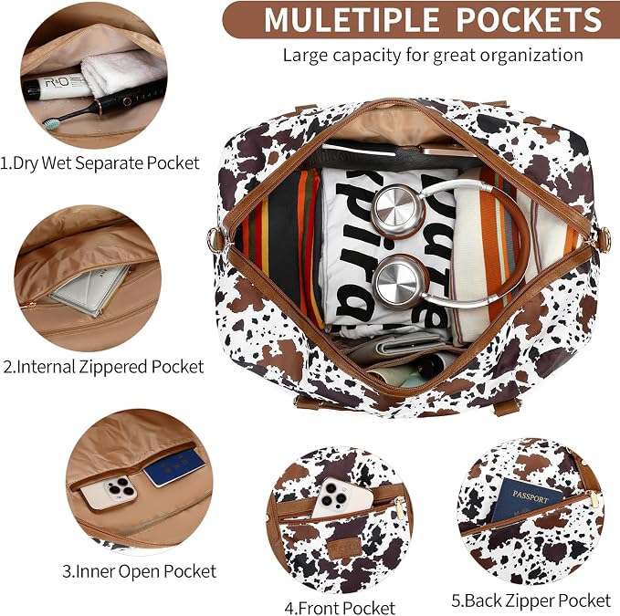 3PCS Weekender Bags for Women Large Overnight Bag, Brown Cow | Weekender Travel Duffel Bags Carry on Shoulder with Shoe Compartment Toiletry Bag Satchel Bag for Travelling Business Gym - Image 4