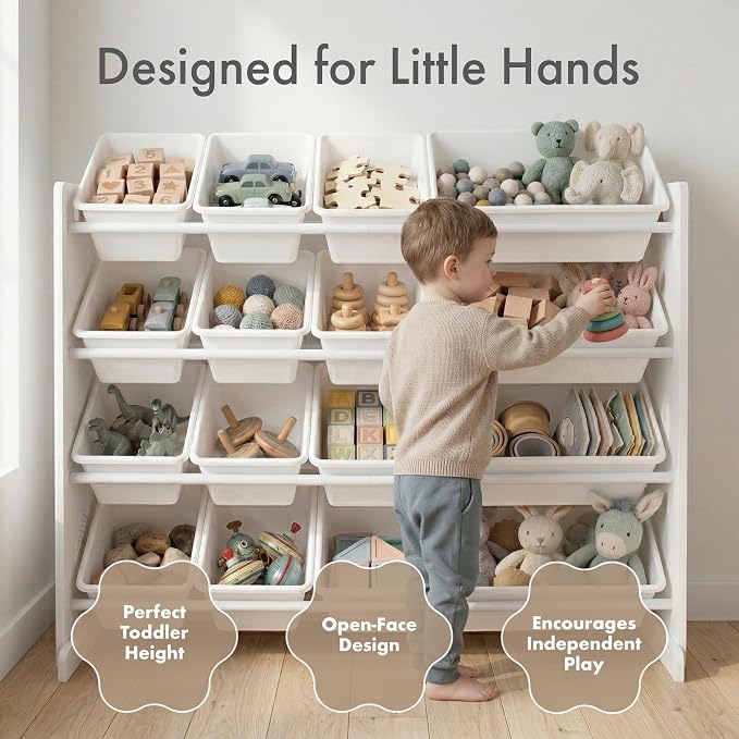 Humble Crew Kids Toy Organizer with 16 Bins, 4 Tier Storage for Playroom | Sturdy wood and steel toddler shelf, removable BPA-free containers, wall anchor anti-tip safety kit for bedroom or classroom - Image 2