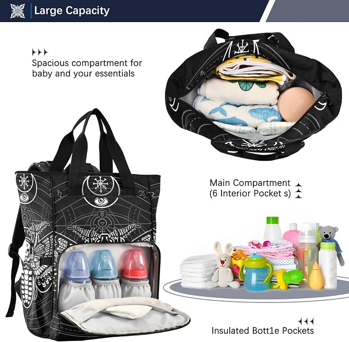 Mnsruu Diaper Bag Gothic Black Skull Moth Large Changing Backpack Multifunction Travel Tote Mommy Bag Baby Diaper Backpack for Mom Dad - Image 4
