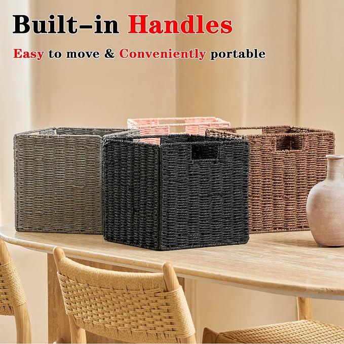Wicker Storage Basket, Set of 2 Hand-Woven Wicker Basket, Foldable Cube Storage Bin, Black Storage Basket, Square Storage Baskets for Organizing Shelves & Decor, Black (11″×11″×11″) - Image 6
