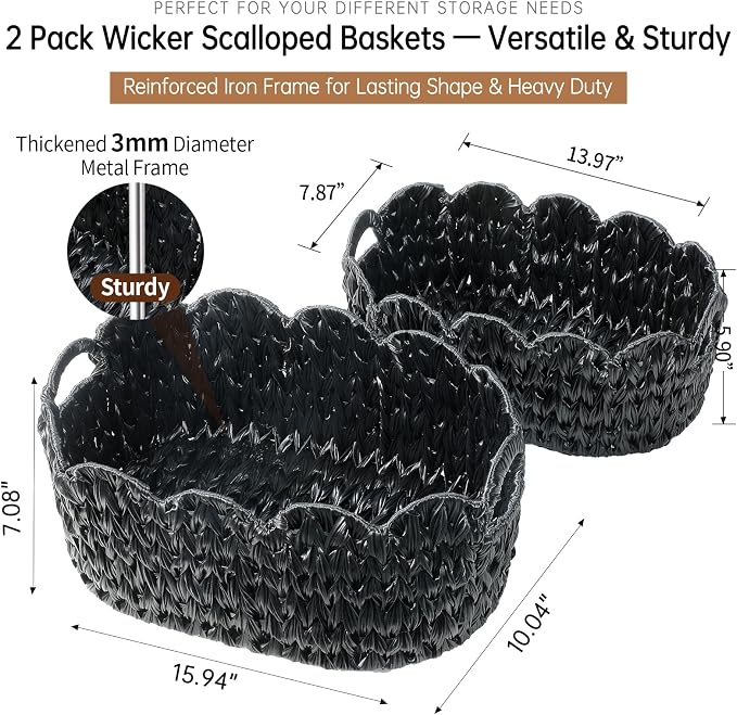 Coeusy Wicker Scalloped Basket Set of 2,Woven Storage Baskets for Shelves,Closet,Laundry,Gift,Towels,Books,Toys,Waterproof Decor Basket for Organizing,Black Oval - Image 4