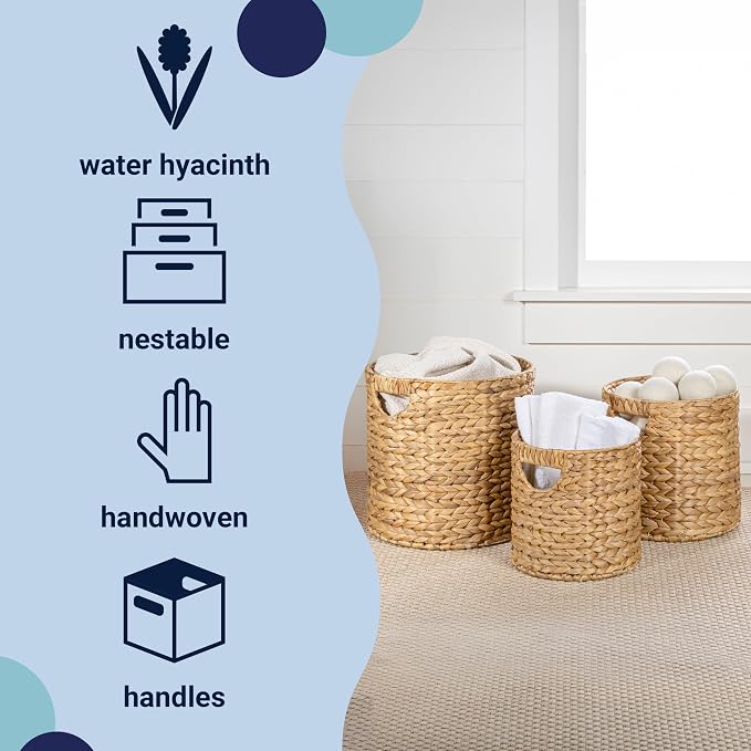 happimess Avery 3-Piece Cylinder Nesting Baskets 13", Natural | Hyacinth, Bohemian Cottage Style, Handwoven Wicker, Iron Metal Frame, Decorative Storage For Toys And Books, Built In Handles - Image 3