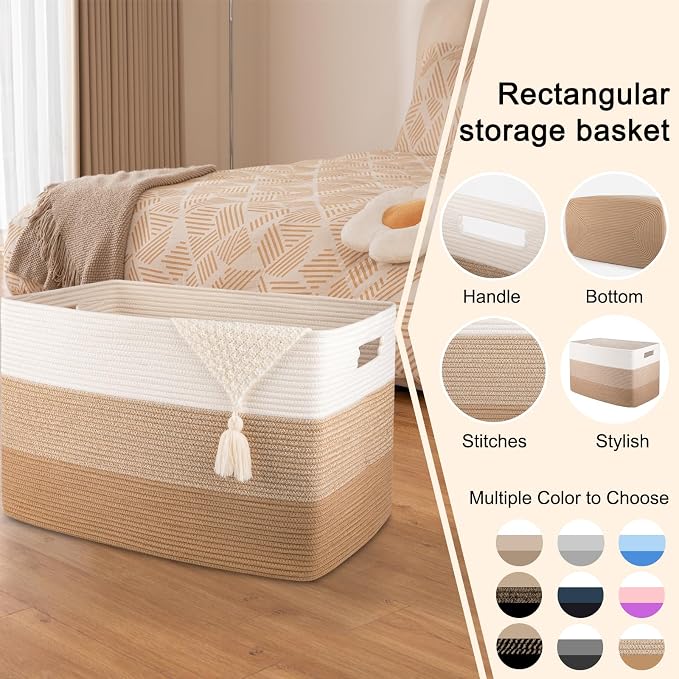 OIAHOMY 108L Extra Large Blanket Basket Dog Toy Basket Light Brown | Rectangle Woven Baskets for Storage Cotton Rope Basket For Living Room Toy Storage Blanket Storage Laundry Basket - Image 4