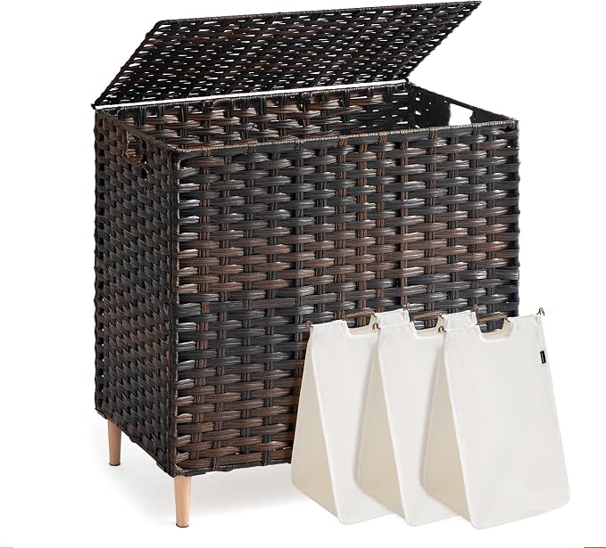 SONGMICS 3-Section Laundry Hamper with Lid, 42.2 Gal (160L) PE Rattan Laundry Basket with Removable Washable Liners, for Bedroom & Living Room, Chestnut Brown ULCB223ME01 by Unknown