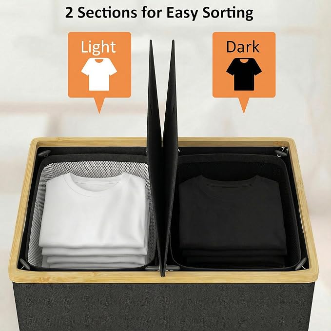 efluky Laundry Hamper with Lid, Double Laundry Basket with 2 Removable Bags, 2 Section Laundry Bin with Bamboo Handles for Bathroom, Bedroom & Laundry Room, 140L (36.9 Gallon) Black - Image 3