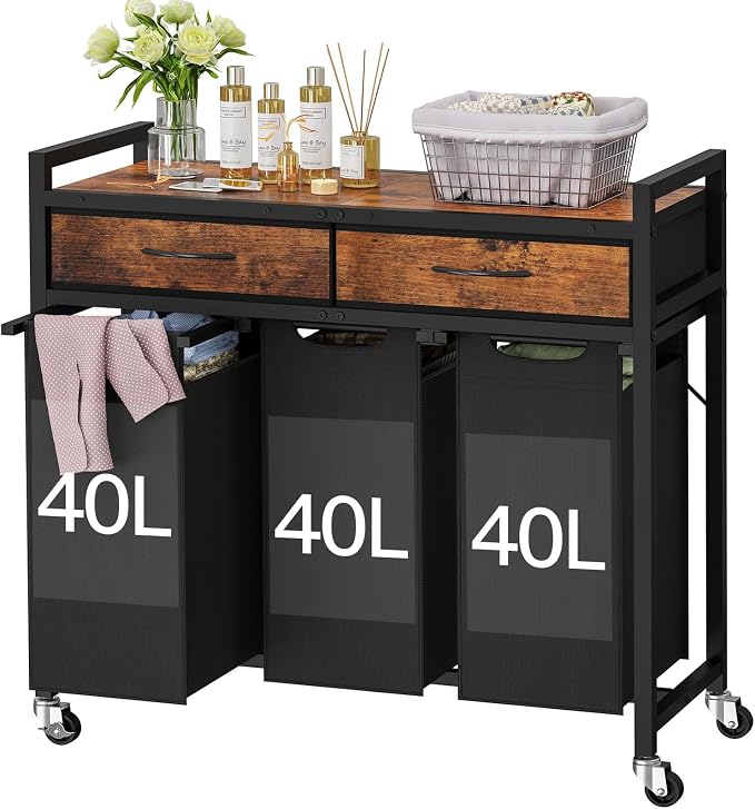 Laundry Sorter 3 Section, 120 L Laundry Hamper with 2 Drawers & 2-tone Top Panel, Rolling Laundry Basket Organizer with Pull-Out Removable Oxford Fabric Bags for Laundry Room Organization by TEENFON