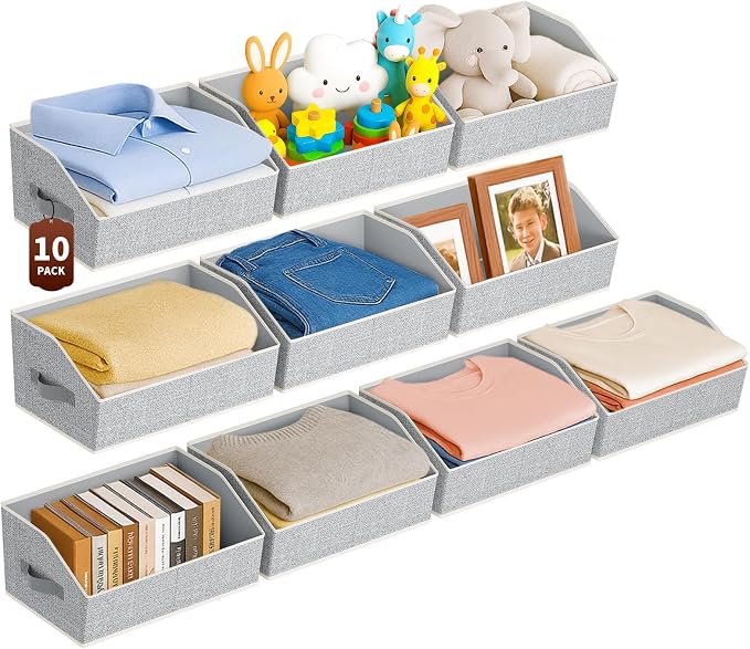 Large Closet Organizers and Storage Bins - 10 Pack Trapezoid Storage Baskets for Shelves, Foldable Fabric Baskets with Handles Ideal for Closet, Basket, Wardrobe and Shelf Storage,Light Grey by Homsorout