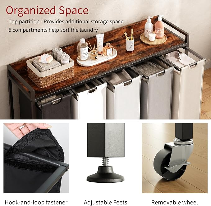 Herture Laundry Hamper with Shelf, Laundry Basket 5 Section, Laundry Sorter with Pull-Out Removable Large 5 Color Bags and Movable Wheels, Metal Frame, 5 x 15.87 Gallons (60L), Rustic Brown PF08XLN - Image 3