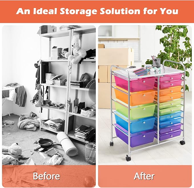 15 Drawer Rolling Storage Cart, Rolling Cart with Drawers for Classroom, Art Supply Craft Organizer on Wheel with Metal Frame & Handles for Home Office School - Image 4