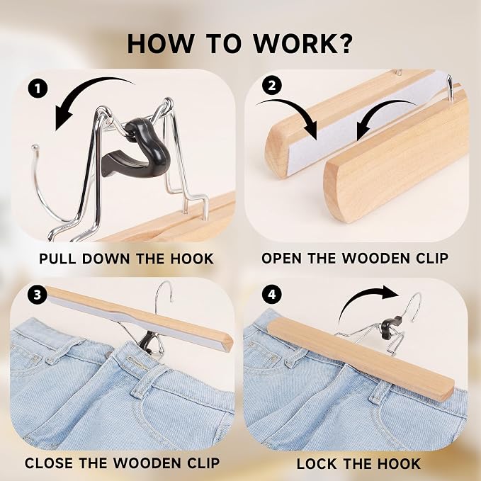 Wooden Non Slip Pants Hangers with Soft Felt Lining, 24-Pack, 12" | Solid Wood Clamp Hangers, 360° Swivel, for Skirts, Jeans, Slacks, Trousers, Shorts - Image 4