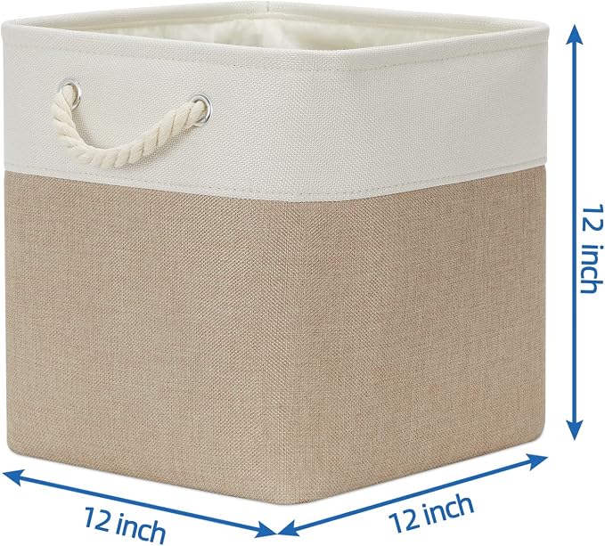 Temary 4 Pack Cube Storage Bins Cloth Baskets for Shelf, Fabric Storage Cubes 12 x 12 Baskets Gift Empty Basket with Handles, Basket for Storage (White&Khaki) - Image 2