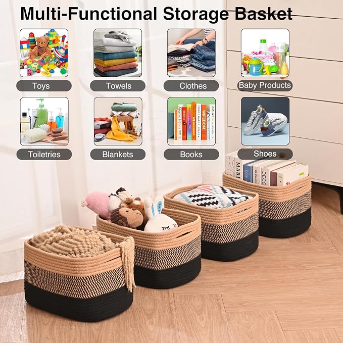 ICERZCZ Storage Baskets for Shelves Organizing, Woven Cotton Rope Baskets for Storage, Book Basket, Towel Basket, 12.5"Lx9.1''Wx7.9''H (4 Packs) Gradient Black & Jute - Image 4