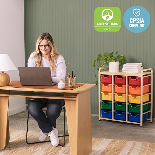 ECR4Kids 15-Bin Mobile Organizer with Shelf, Removable Bins, Sand/Assorted | Durable plastic bins, steel frame, GREENGUARD Gold Certified, 75 lb capacity, rolling casters, craft supplies, classroom/home - Image 7