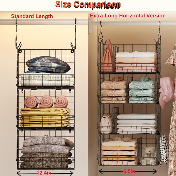 Jautokerdar 4 Tier Hanging Closet Organizer with Dividers,Extra Large Storage Hanging Shelf with 5 S Hooks 4 Dividers,Hang on Wire Closet Shelving Clothes Organizer-Black - Image 6