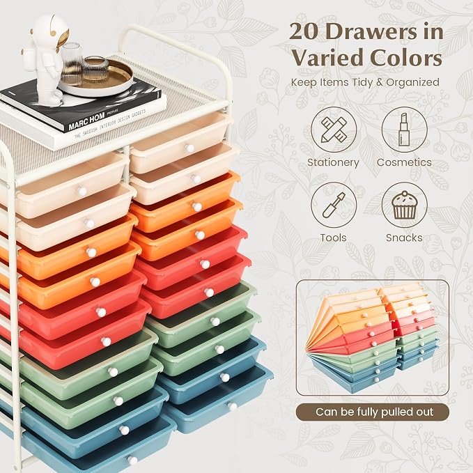RELAX4LIFE 20 Drawer Rolling Storage Cart, Mobile Rolling Cart w/Drawers for School Classroom Teacher Office Home Salon, Paper File Art Supply Craft Organizer, Utility Cart on Wheels (Macaron) - Image 4