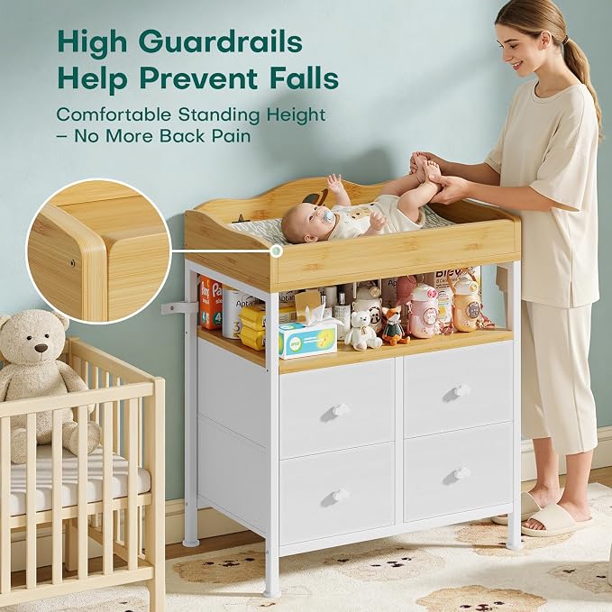 POKIPO Bamboo Changing Table Dresser with Sturdy Metal Frame, 4 Fabric Drawers, 3-in-1 Baby Dresser with Changing Table Top, Diaper Changing Station and Storage Organizer for Modern Nursery - Image 5