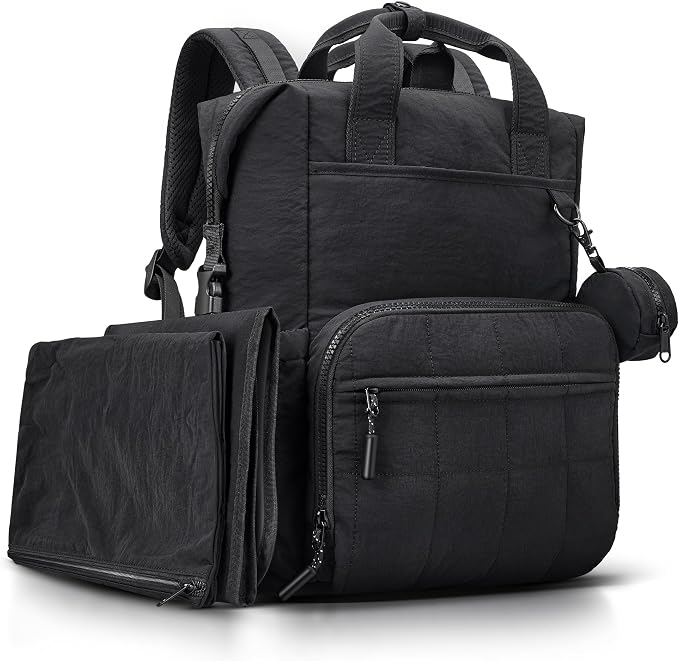 VONAL Diaper Bag Backpack, Lightweight Baby Diaper Bags, Travel Large Diaper Bag with Changing Station, Black Diaper Backpack for Boys Girls Newborn with Insulated Pockets, Stroller Straps by VONAL