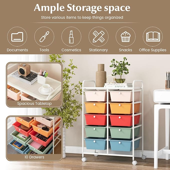 RELAX4LIFE Rolling Storage Cart with 10 Drawers - Craft Storage Cart with Lockable Wheels,Utility Cart, Art Cart Organizer for Crafting Storage, Studio, Office, Home, School Rolling Drawer Cart - Image 6