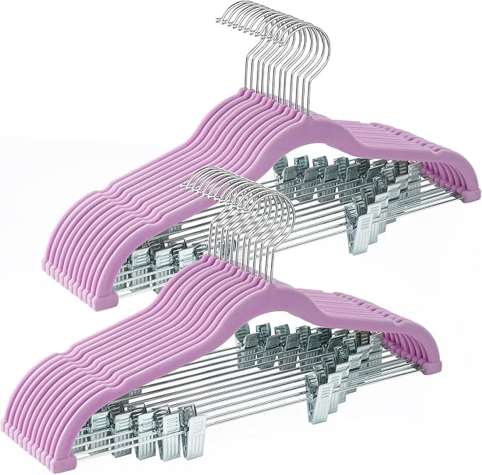 24-Pack Purple Velvet Hangers with Clips Adjustable,Adult Hangers,Heavy-Duty,Felt,Non-Slip,Space Saving,Slim Outfit Hanger for Pants, Skirts, Suits,Coats, Dresses ect. by Uilmart