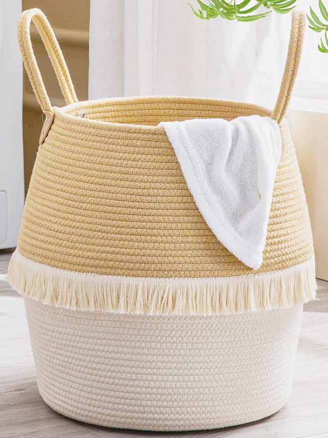 KAKAMAY Woven Baskets for Storage(17"x17"),Large Cotton Rope Woven Baby Laundry Hamper,Collapsible Laundry Basket, Blanket Basket for Organizing Living Room,Nursery,Pillows,Toy Chest(Beige) by KAKAMAY