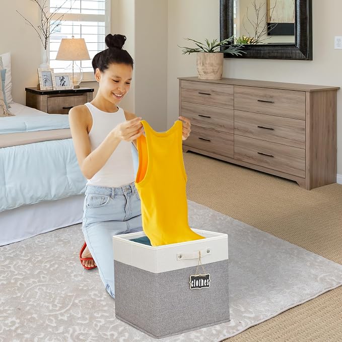 13x13x13 Storage Cube Bins 4 Pack,Collapsible Fabric Storage Cubes with Labels,Linen Cube Storage Organizer Bins with Cotton Handles,Square Storage Cubes for Home,Office,Clothes,Cabinet(White Grey). - Image 6