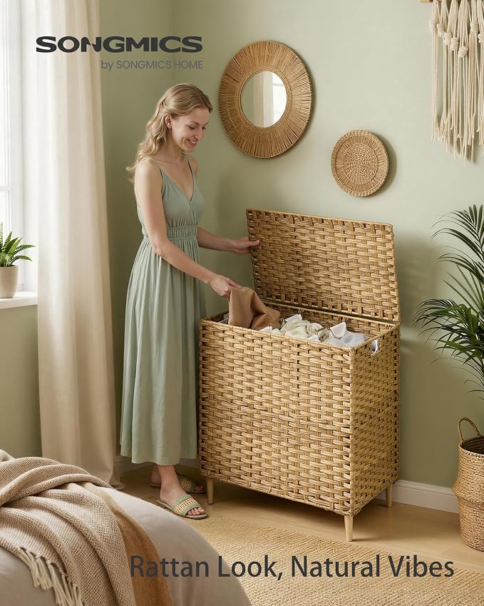 SONGMICS 3-Section Laundry Hamper with Lid, 42.2 Gal (160L) PE Rattan Laundry Basket with Removable Washable Liners, for Bedroom & Living Room, Goose Yellow ULCB223YE01 - Image 2