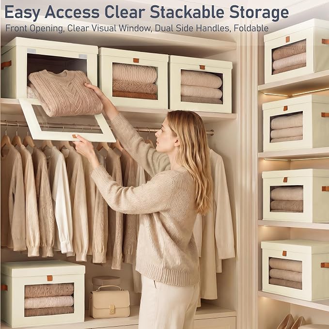 DIMJ Storage Bins with Lids - 6 Pack Front Opening Stackable Fabric Storage Boxes with Clear Window & Handles, Collapsible Closet Organizers for Clothes, Sweaters, Shelf Storage, Bedroom, Beige - Image 2