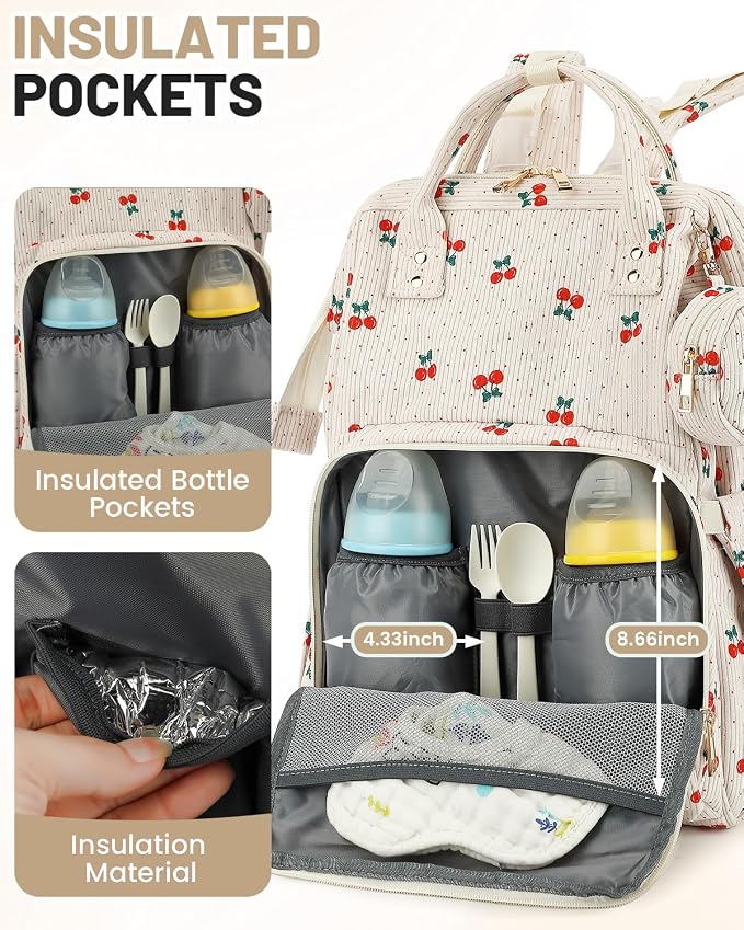 Corduroy Diaper Bag Backpack, Large Capacity Multifunction Baby Diaper Bags for Women, Insulated Bottle Pockets & Pacifier Case, Stylish Travel Nappy Changing Bags for Mom Dad (Cherry) - Image 3