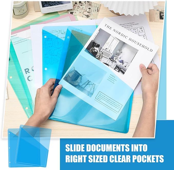 Seajan 48 Pcs Binder Pocket Folders, Clear 3 Ring Binder, Blue | Plastic Folders Sleeves with 2 Pockets, Poly Slash File Jackets, 3 Hole Punched Dividers for School, Office, Documents - Image 3