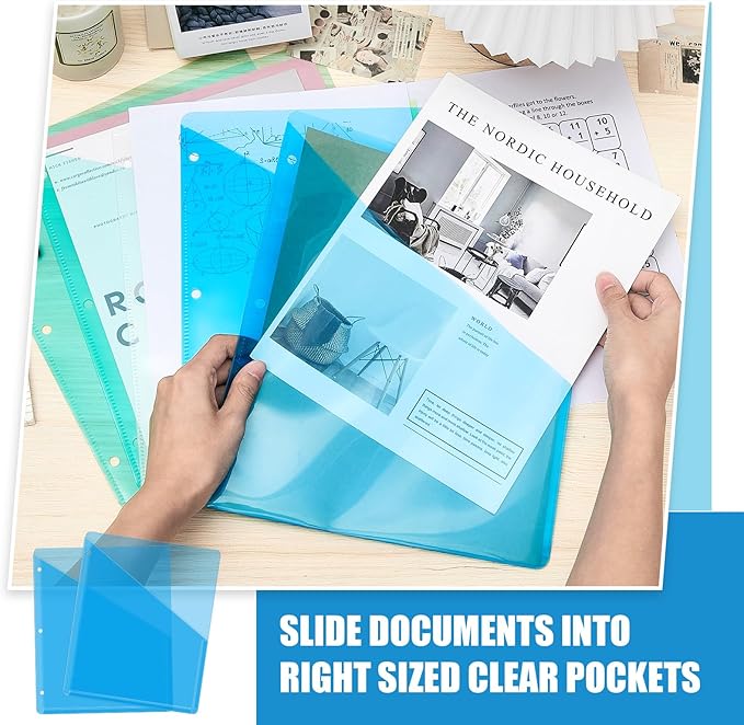 Seajan 100 Pcs Binder Pocket Folders, Clear 3 Ring Binder, Blue | Plastic Folders Sleeves with 2 Pockets, Poly Slash File Jackets, 3 Hole Punched Dividers for School, Office, Documents - Image 4