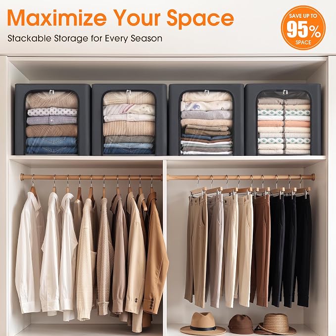 Metal Frame Clothes Storage Bins, Light Grey, 40L, 4 Pack | Foldable Storage Boxes with Clear Window, Front & Top Zipper Openings, Stackable Organizer with Handles for Closet & Bedroom - Image 3