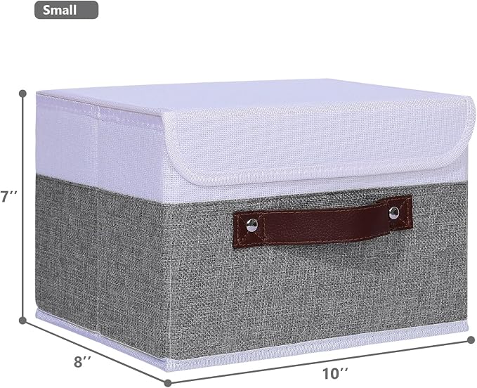 ANMINY Fabric Storage Box Bins with Lids, Gray White, 10"x8"x7", 4 Pack | Keepsake Memory Storage, Cotton Linen, PP Board Reinforced, Washable, PU Handles, Foldable & Stackable, Decorative, Small - Image 5