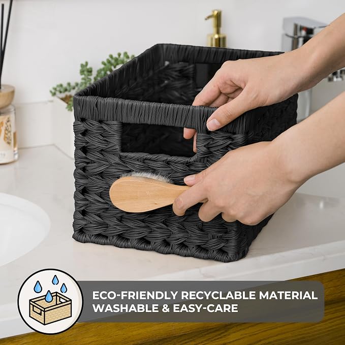 GRANNY SAYS Black Wicker Basket,Decorative Woven Baskets for Storage,2-Pack | Waterproof Plastic Black Baskets for Shelves,Storage Basket Organizer,Wicker Storage Basket for Organizing,Black Woven Basket - Image 4