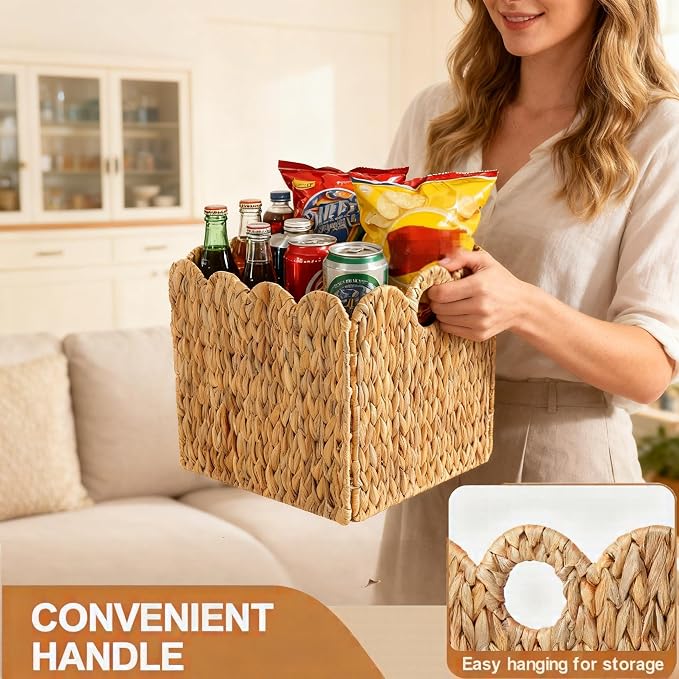 Scalloped Wicker Storage Cubes Basket, 12”x12“ Heavy Duty Paper rope/Hyacinth/Seagrass Baskets for Shelves, Foldable Natural Boho Square Bins (Water Hyacinth&10.5 x 10.5 x 10.5in&4-Pack) - Image 3